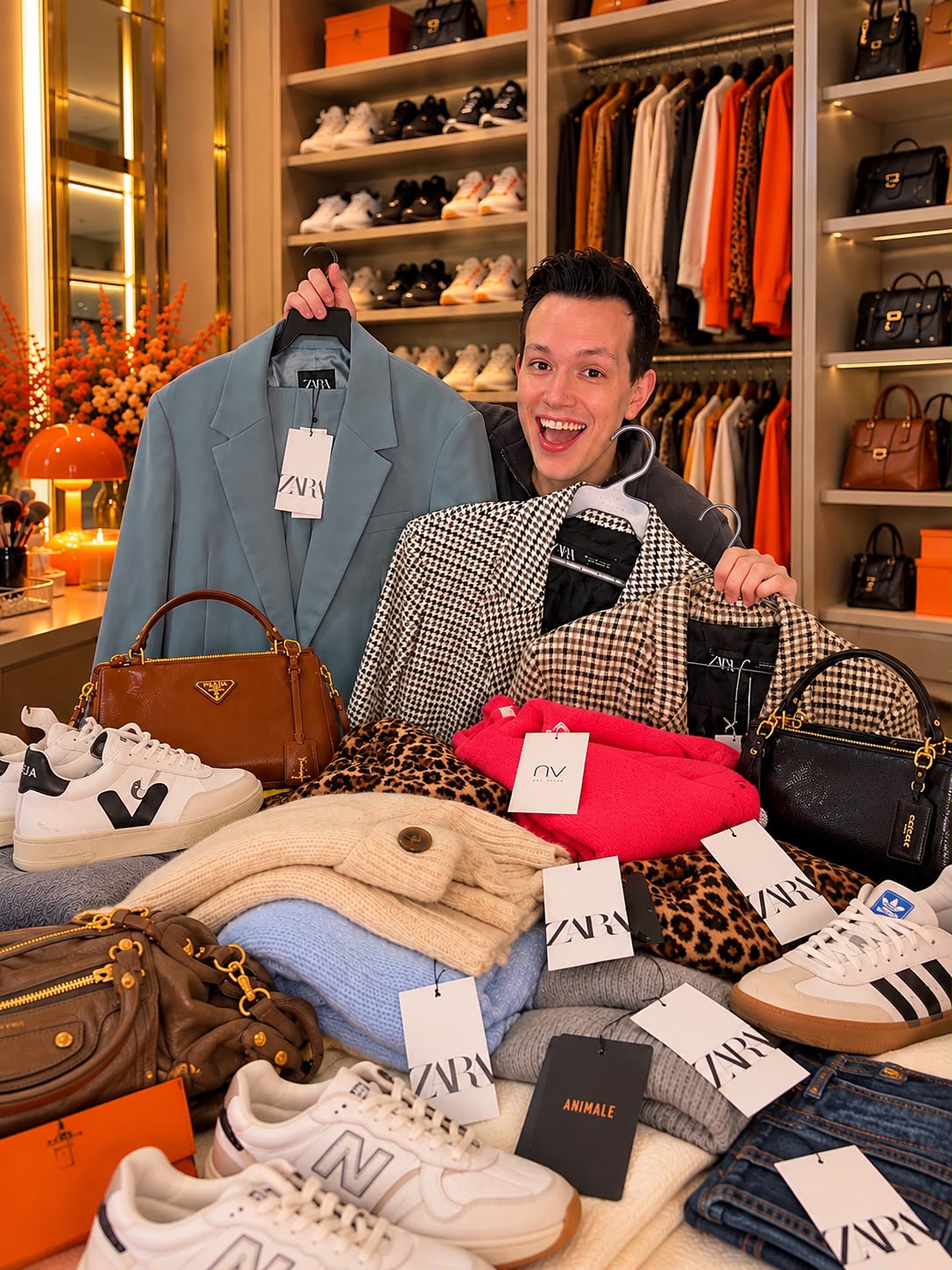 Peças de marca com etiquetas Zara, bolsas e tênis reunidos para desapego